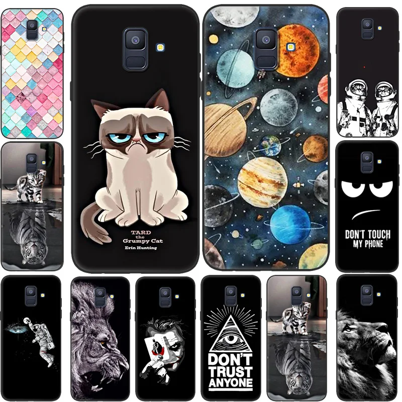 

For Samsung A6 2018 Cover Cute Cartoon Black Silicone Planet Animal Cat Tiger Phone Case For Samsung Galaxy A6 2018 A6 Plus A6+