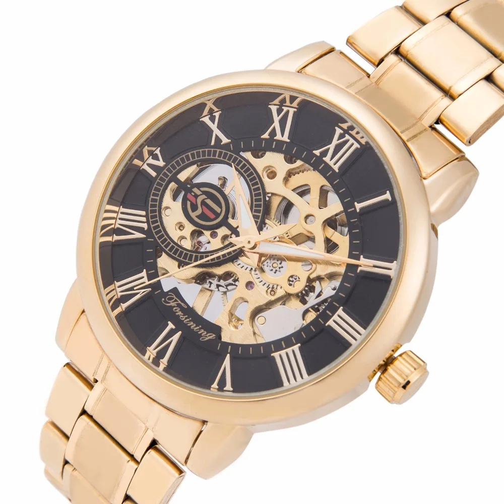 

2018 FORSINING Hand Wind Mechanical Watches Men 3D Skeleton Roman Numerals Stainless Steel Strap Luxury Golden Wristwatches