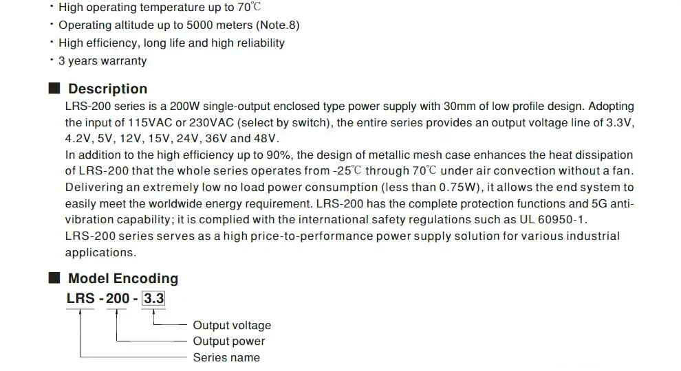 Meanwell 200W Single Output Switching Power Supply LRS-200.7