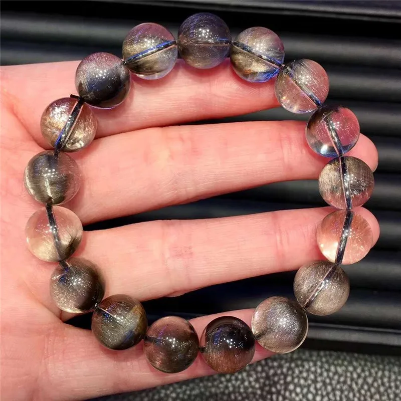 

Genuine Natural Brookite Platinum Silver Rutilated Quartz Bracelet 12mm Crystal Gemstone Round Beads Woman Man Lucky Gift AAAAA