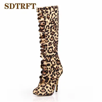 

SDTRFT Winter Stilettos 12cm thin heels Knee-High boots Pointed Toe shoes Woman Crossdresser Botas Leopardo pumps Plus:35-43