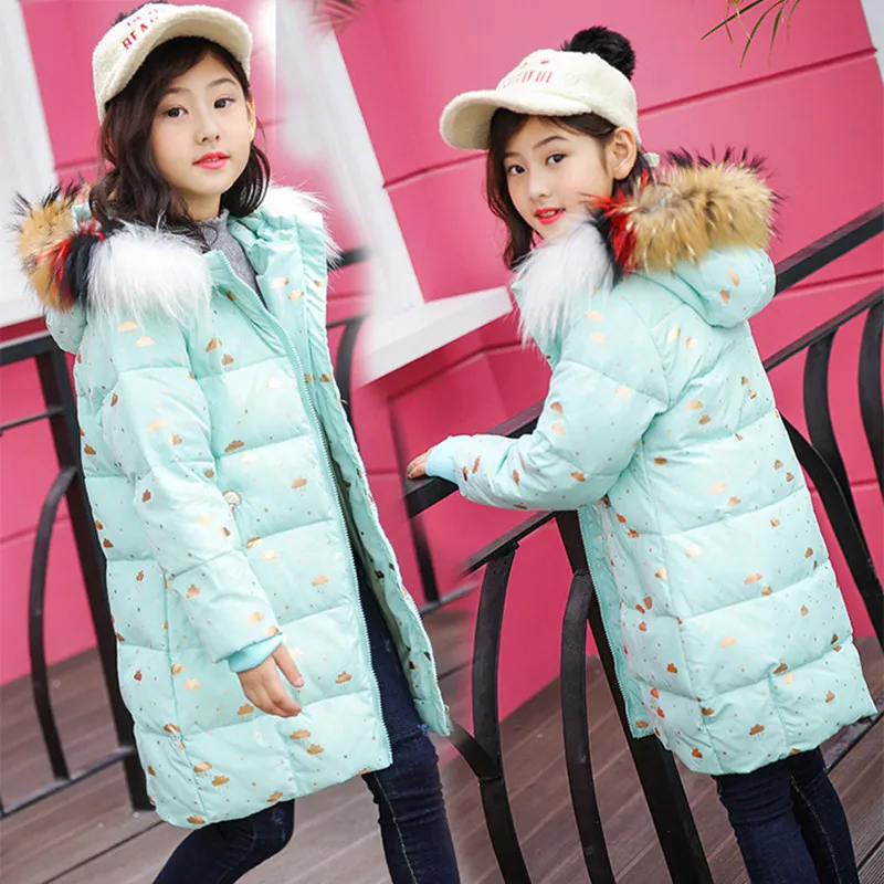 

Girls Down Jacket 2018 Winter New Fashion Fur Collar Hooded 6-15T Children's White Duck Down Coat Warm Jacket High Quality