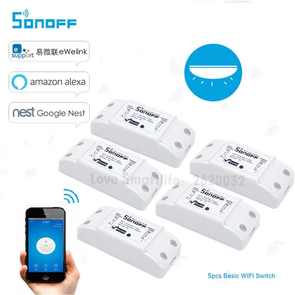 5PCS Itead Sonoff Smart Wifi Switch DIY Smart Wireless Remote Switch Wifi Light Switch Smart Home Controller work with Alexa
