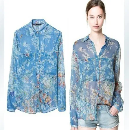 2013 Summer Fall New Fashion Women's Floral Print Leisure Blue Shirt Ladies' Brand Designer See Through Casual Blouses Long tops |