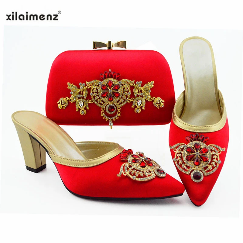 

High Quality Red Color Nigerian Designer Shoes And Bag Set To Match African Party Shoes With Matching Bags Set FREE SHIPPING