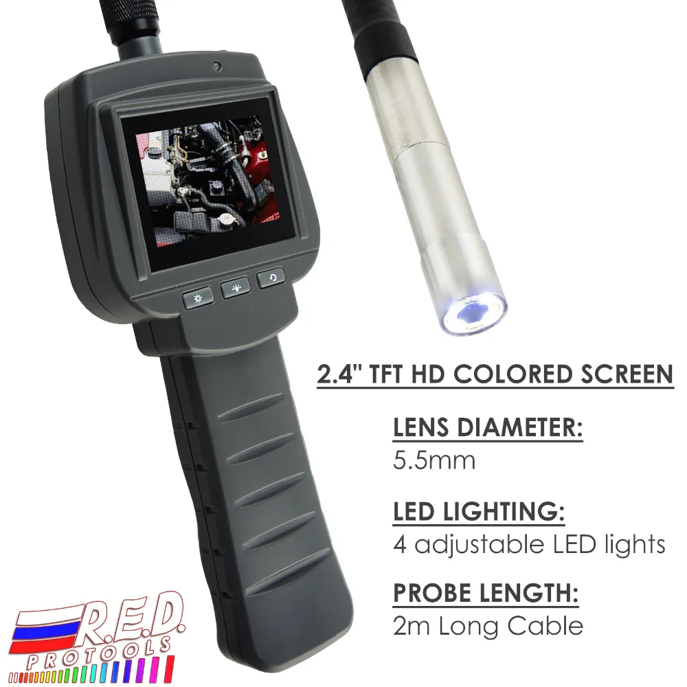 

5.5mm 2M Handheld Inspection Camera Endoscope 4 LED 2.4" Monitor Borescope, Industrial Flexible Snake Scope Cable, IP67 Scope