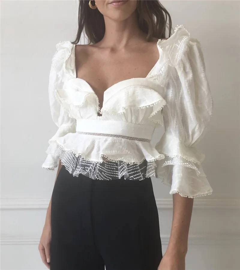 

Runway Strapless Sexy Blouse Shirt Women Lace Ruffles Patchwork Puff Sleeve Hollow Out Palazzo Short Blouses 2019 Summer Clothes