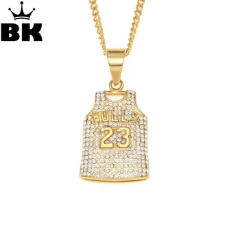 

Mens Bulls 23 Jersey Pendant Necklace Stainless Steel Gold Color Round Cut Rhinestone Simulated Diamonds Sporting Jewelry