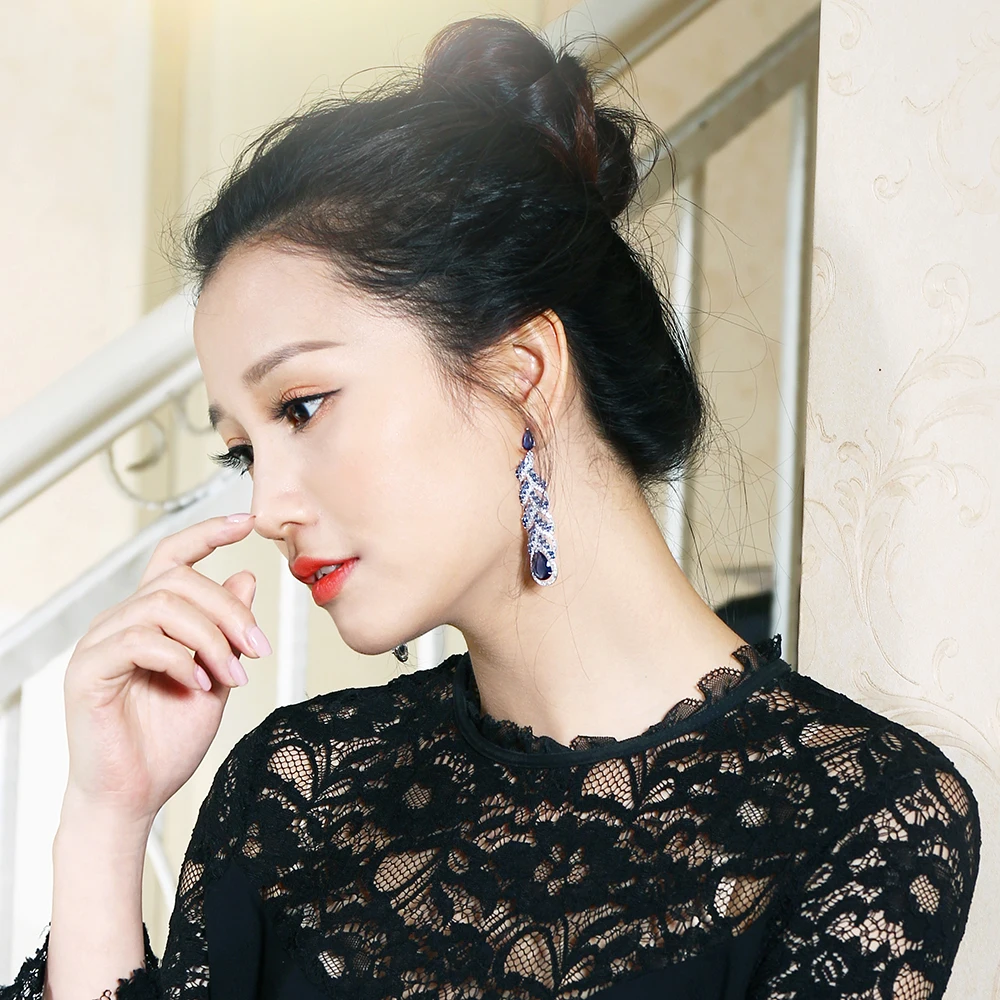 67mm Long dangle earring piercing Montana/Green/Red/Champagne/Clear CZ brincos de festa boucles d'oreille Big Earrings for women