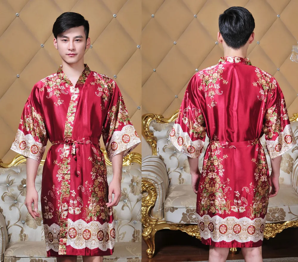 Новинка Мужской Шелковый банный халат-кимоно китайский мужской ночной костюм из вискозы унисекс с v-образным вырезом пижамы 011301