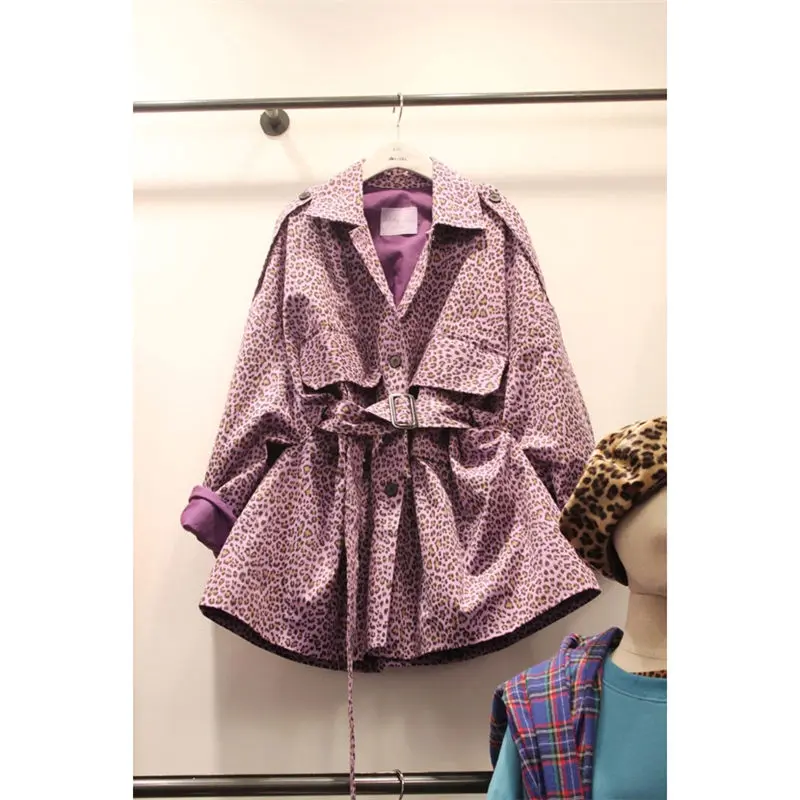 Корейский модный розовый Леопардовый принт Тренч пальто с высокой талией отложной пряжкой ветровка с поясом осеннее пальто для женщин f1285