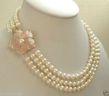 

Free shipping@@@@@3 Rows Genuine 8--9mmWhite Pearl Pink Shell Flower Clasp Necklace