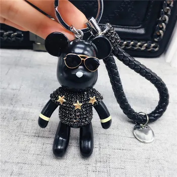 

Leather Weave Rope Bomgom Popobe Handsome Bear Keychain Car Key Holder Charm Rhinestone Key Ring Chain Bag Pendant Birthday Gift