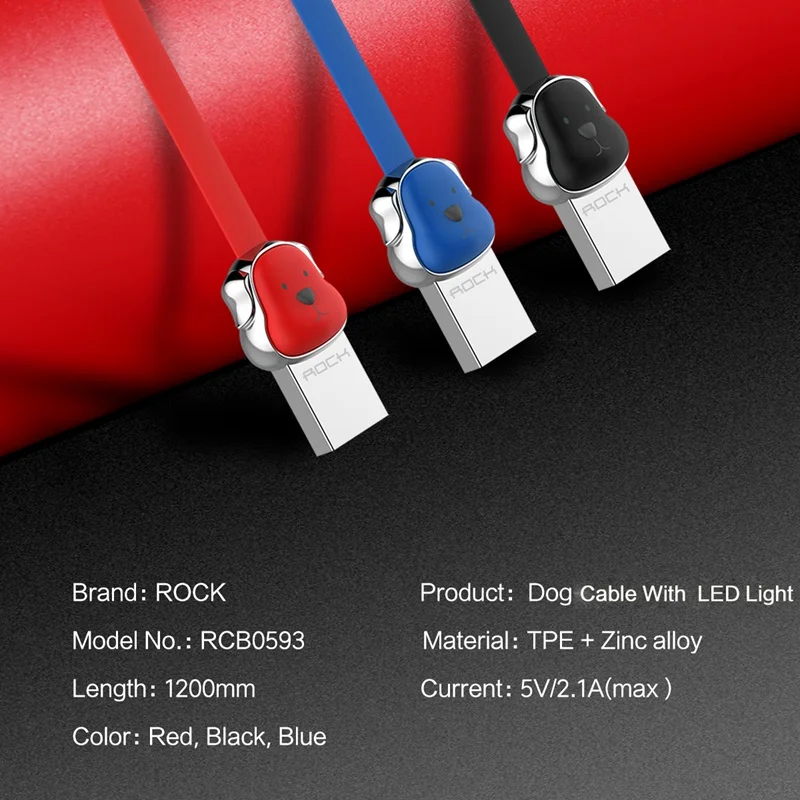 Cable USB de la mascota de la aleación del cinc de ROCK para iPhone X SE 8 7 6 Plus 5S, Cable USB de la luz del LED del perro para el Cable del teléfono móvil para iPhone X SE