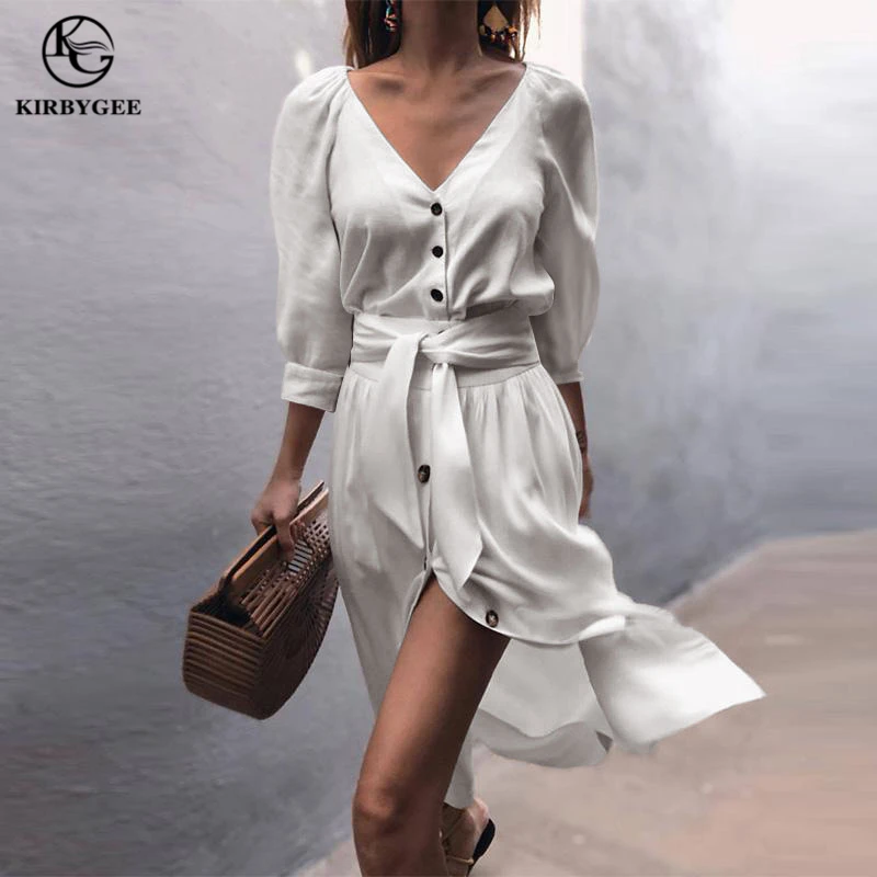 

KirbyGee Elegant White High Split Maxi Dresses Large Size Cotton Women Summer Sundress Beach Tunic 2019 Long Dresses Casual