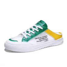 Летние мужские модные туфли без задника на шнуровке; парусиновые сетчатые ажурные тапочки; Новинка; дышащие шлепанцы; повседневные уличные тапочки мюли; мужская обувь на плоской подошве