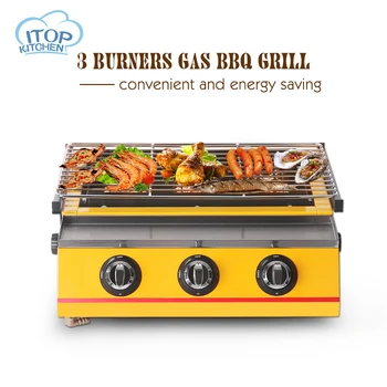 

Gas BBQ Grill 3 Burners Barbecue Stove Adjustable Height Smokeless Outdoor Garden Picnic With Stainless Steel Cover