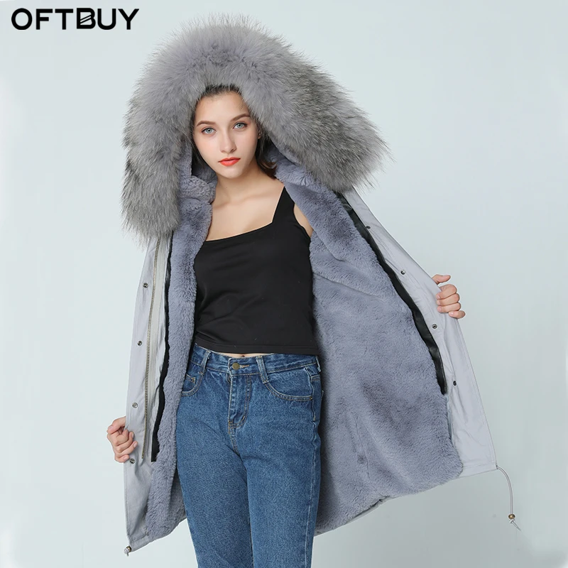 Женская куртка с капюшоном OFTBUY серая парка натуральным большим светло розовым