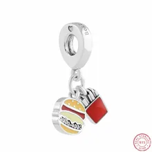 925 стерлингового серебра красный и золотой и желтый Эмаль Бургер И Фри кулон бусины DIY Fit PANDORA Подвески для женщин ювелирные изделия FL777