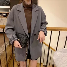 Лучший! Корейское пальто женщин с длинным рукавом Ulzzang двубортный сплошной два цвета 2019 весна осень