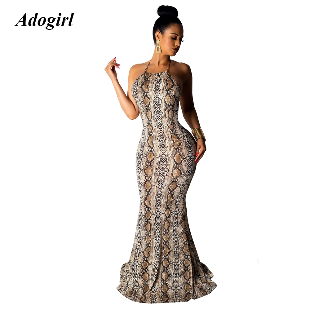 

Adogirl Elegant Snake Print Backless Long Dress Women Sexy Halter Bodycon Summer Dress Mermaid Evening Party Dresses Vestidos