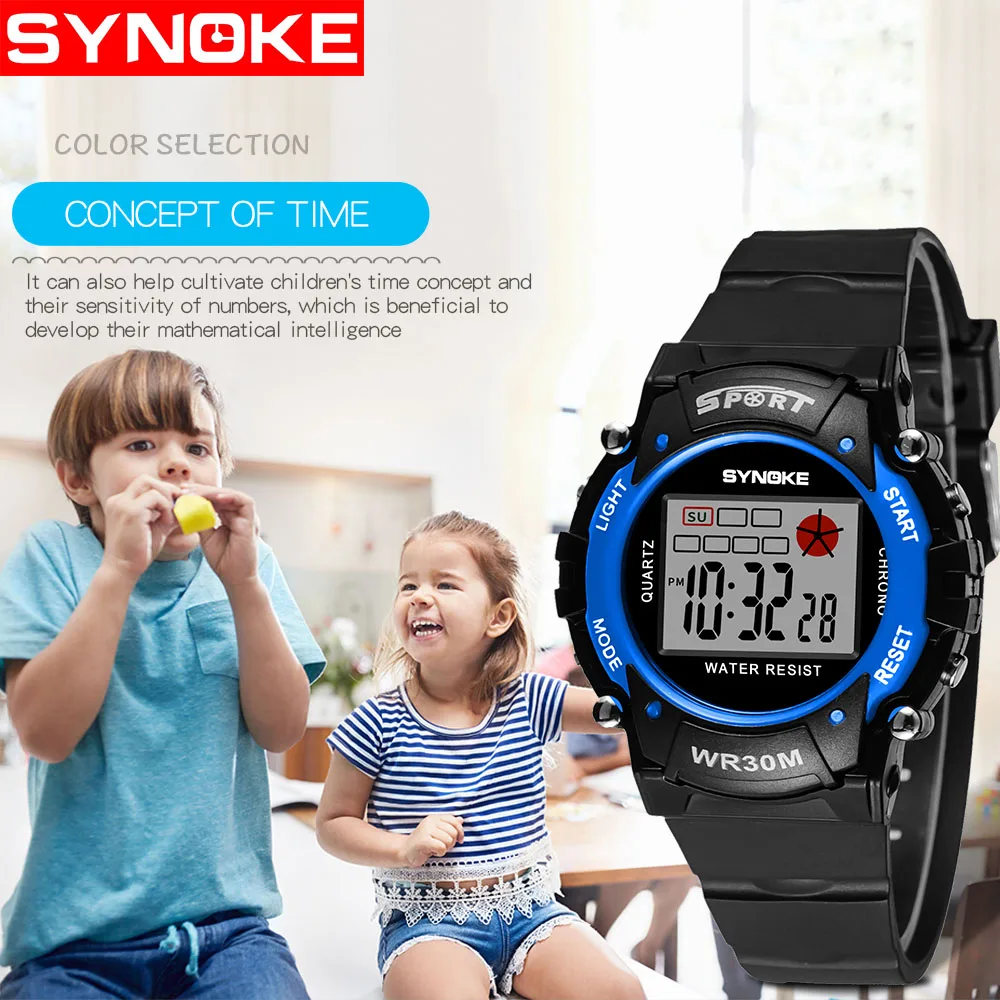 SYNOKE модные водонепроницаемые детские часы для мальчиков, цифровой светодиодный кварцевый будильник, спортивные электронные кварцевые наручные часы