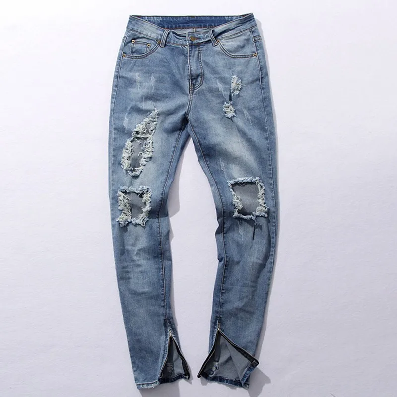

Fashion Mens Skinny Jeans Destroyed Jeans With Zippers Ripped Hip Hop Jeans With Holes On the Knee Distressed Denim