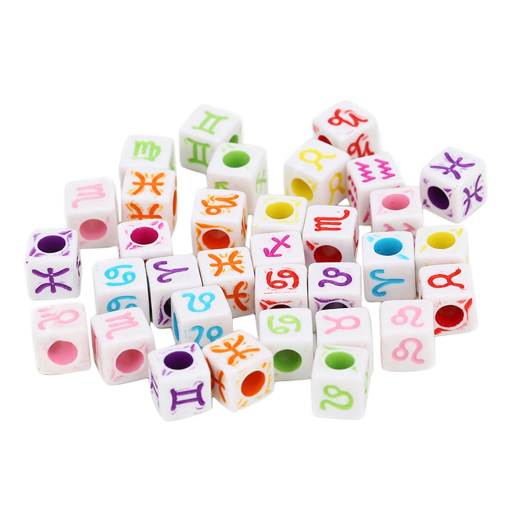 100pcs Acrylic Zodiac Cube Beads Charms Large Hole Beads for jewelry making, Bracelets, Necklaces, Key Chains and DIY Craft