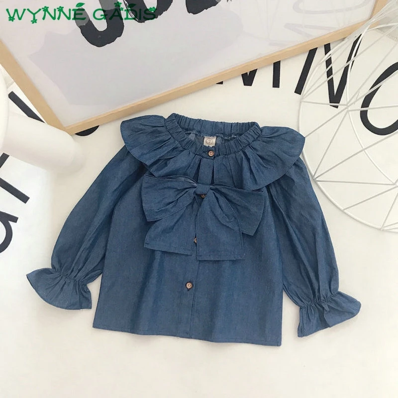 

WYNNE GADIS Children's Spring Solid Long Sleeve Lapel Collar Big Bow Princess Denim Jeans Girls Blouse Tops