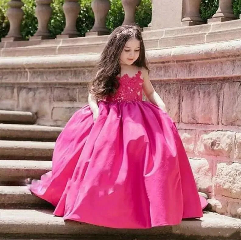 

Adorable Fuchsia Kids Flower Girls Dresses 2018 Long Sheer Jewel Neckline Lace Satin Ball Gown Custom Any Size