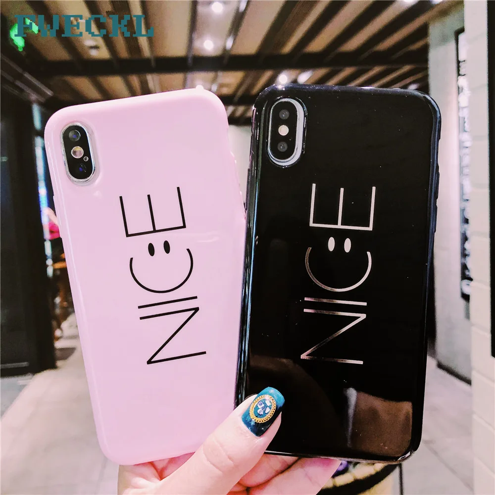 

Luxury Glossy Silicon Phone Case For iPhone 6 6S Plus 7 8 Plus X 10 Fashion Smiley face Letter Nice Painting Soft TPU Back Cover