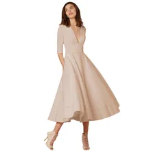 2019 Elegant Evening Party Gown Dress for Women Sexy V Neck Half Sleeves High Waist Pocket Dress Pleated Swing Midi Dress Women 2019 Elegant Evening Party Gown Dress for Women Sexy V Neck Half Sleeves High Waist Pocket Dress Pleated Swing Midi Dress Women