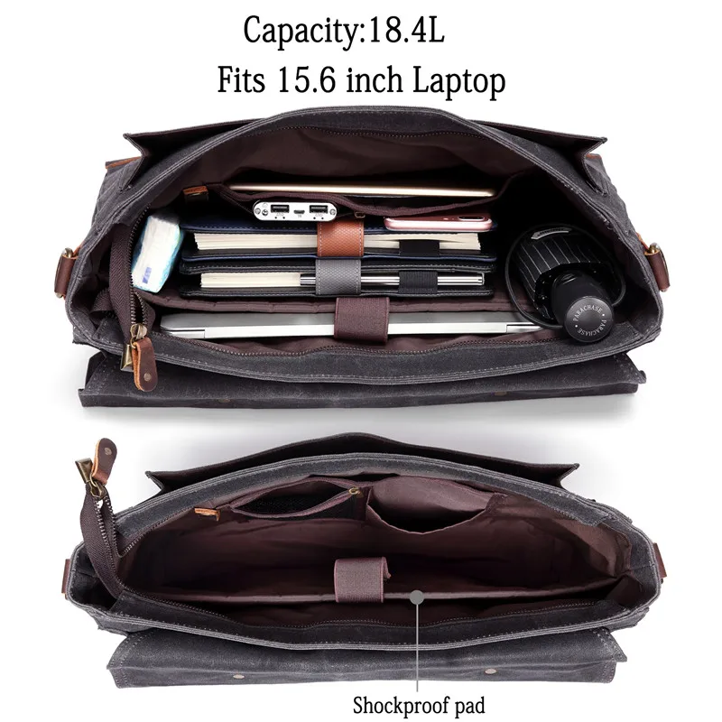 VASCHY Canvas Messenger Bag for Men Vintage Leather Bag Men Waxed Canvas Briefcase Men for 17.3 inch Laptop Office Bags for Men