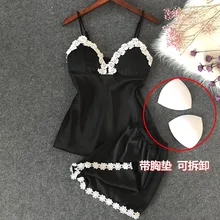 Сексуальная шелковая ночная рубашка элегантный кружевной отделкой 2 шт. Cami& Pant комплект сна сплошной искусственный шелк Пижамный костюм летняя Женская удобная одежда для сна