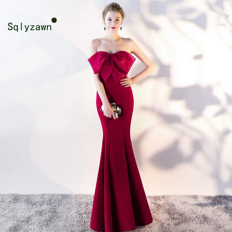 Бургундия без бретелек Vestido De Festa вечернее длинное платье винтажные оборки бант с