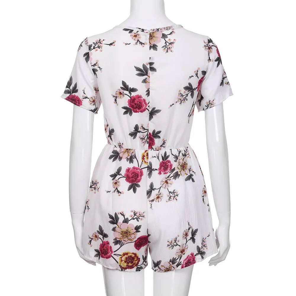  Women Lace Up Printing Loose Short Sleeve Round Neck Casual Beach Rompers Jumpsuit Playsuit F#J07 (11)