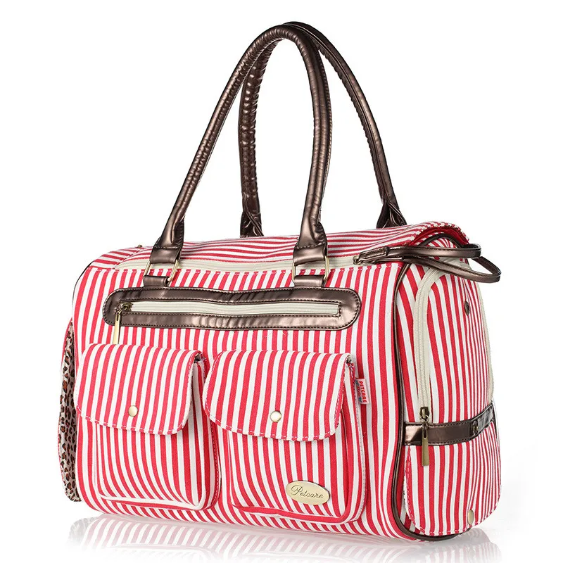 2017 Fashion Pet Travel Bag Dog Handbag Breathable Canvas Red Stripe