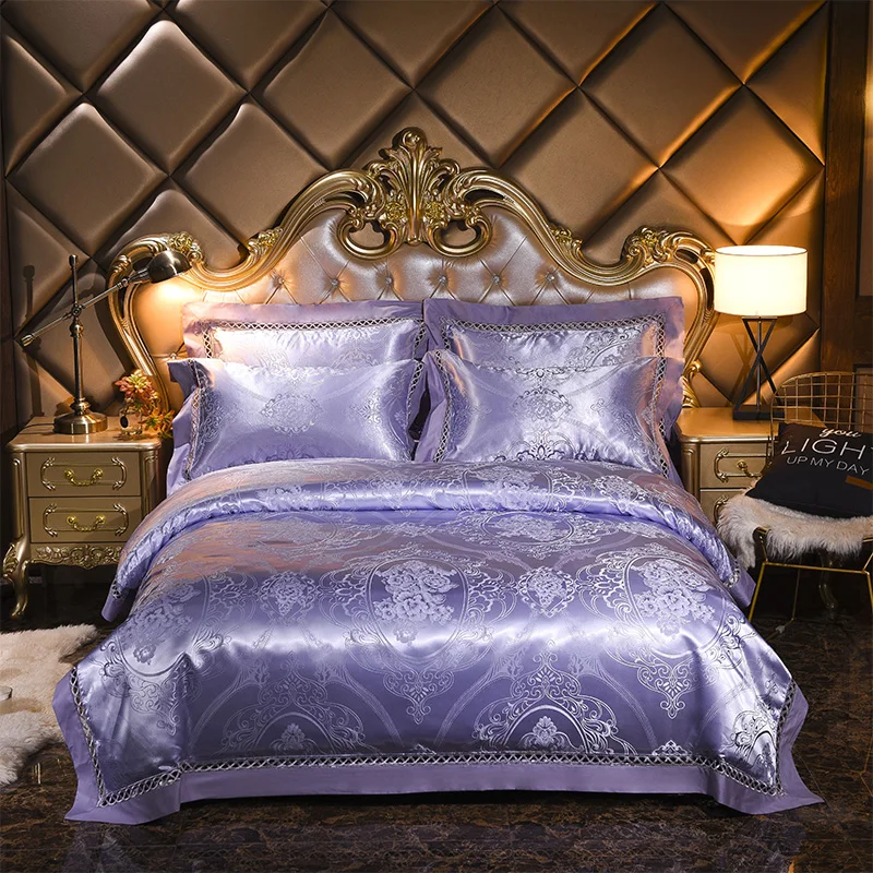 

Home Textile Bedding Sets King Queen Size Luxury Tencel Bed Set 4pcs Jacquard Silk Satin Duvet Cover Bed Sheet Pillowcases