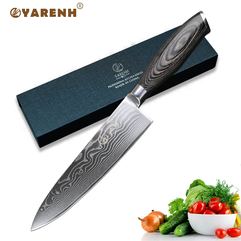 

YARENH 8" professional chef knives with pakka wooden handle japanese kitchen knives damascus steel cooking knives butcher knife