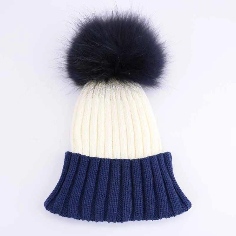 GZHILOVINGL, новинка, Зимняя мода для девочек, женская, мужская шапка, черная, белая шапка, вязаные акриловые шапочки, шапки с большим натуральным меховым помпоном - Цвет: Navy blue