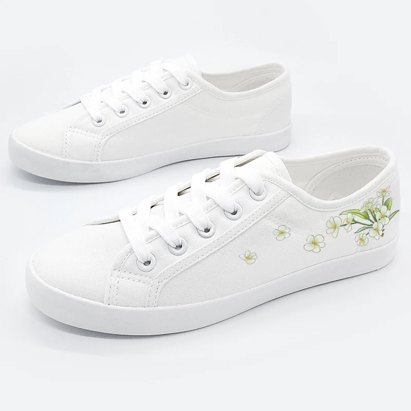 

Shallow Flower printed Casual White Canvas Shoes Lace Up Flat Shoes Sneakers Women Tennis Shoes