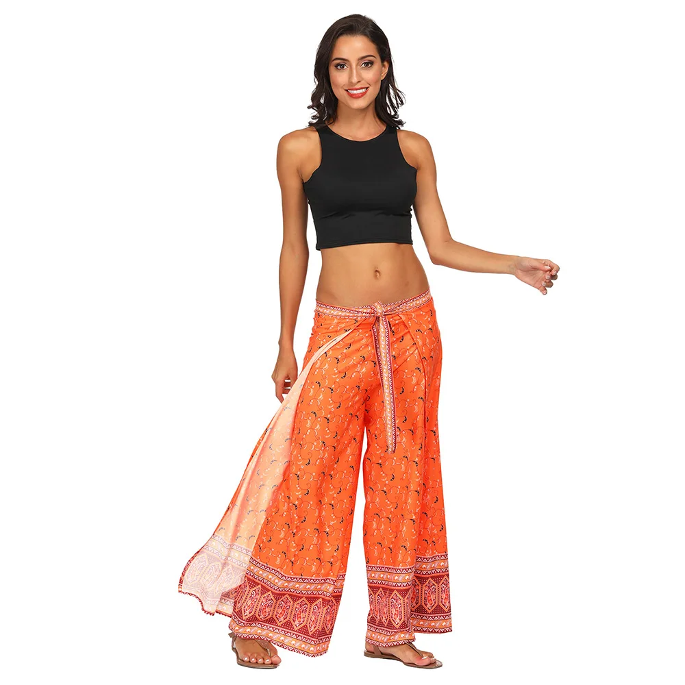 Bohemia Style 3D Print Flower Pattern Print Women Bandage Wide Leg High Split Summer Spring Elastic Waist Long Loose Trousers Bohemia Style 3D Print Flower Pattern Print Women Bandage Wide Leg High Split Summer Spring Elastic Waist Long Loose Trousers