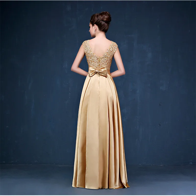 Длинное сатиновое платье подружки невесты с бантиком и глубоким вырезом, золото, королевский синий розовый бордовый, вечерние платья наряды, robe de soiree - Цвет: Золотой