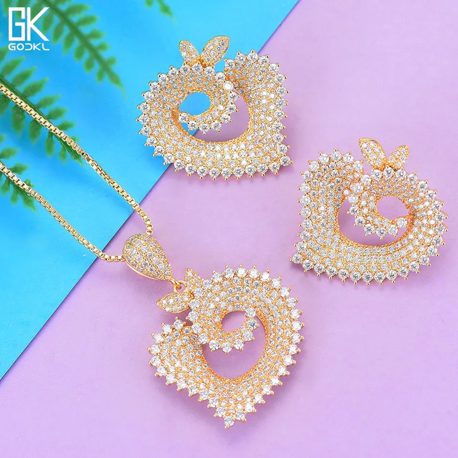 

GODKI Luxury Heart Necklace Earring Set sCubic Zircon Crystal CZ Jewelry Set For Women Wedding Indian Dubai Bridal Jewelry Sets