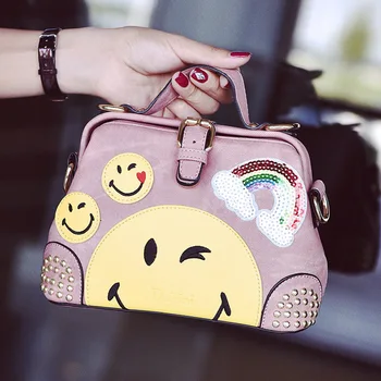 

New Rivet Women Handbag Fashion Casual Summer Smiley Tote Bag Rainbow Hit Color Bag Ladies Shoulder Bag Smiling Face Handbag