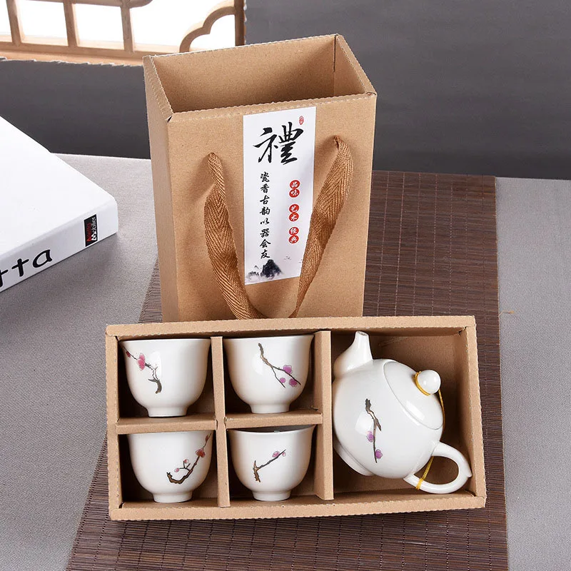 Изысканный керамический чайный набор с ручной росписью, 1 горшок, 4 чашки, чайная чашка кунг-фу, дорожный чайный горшок, китайский фарфоровый чайный набор, посуда для напитков