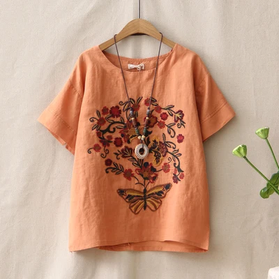 Новинка, летние женские Топы с коротким рукавом, рубашка с коротким рукавом, свободная блузка с вышивкой, модная рубашка La camisa - Цвет: Оранжевый