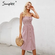 Летнее женское повседневное платье Simplee, на тонких бретелях с разрезом, полосатый хлопковый элегантный розовый праздничный пляжный сарафан на пуговицах
