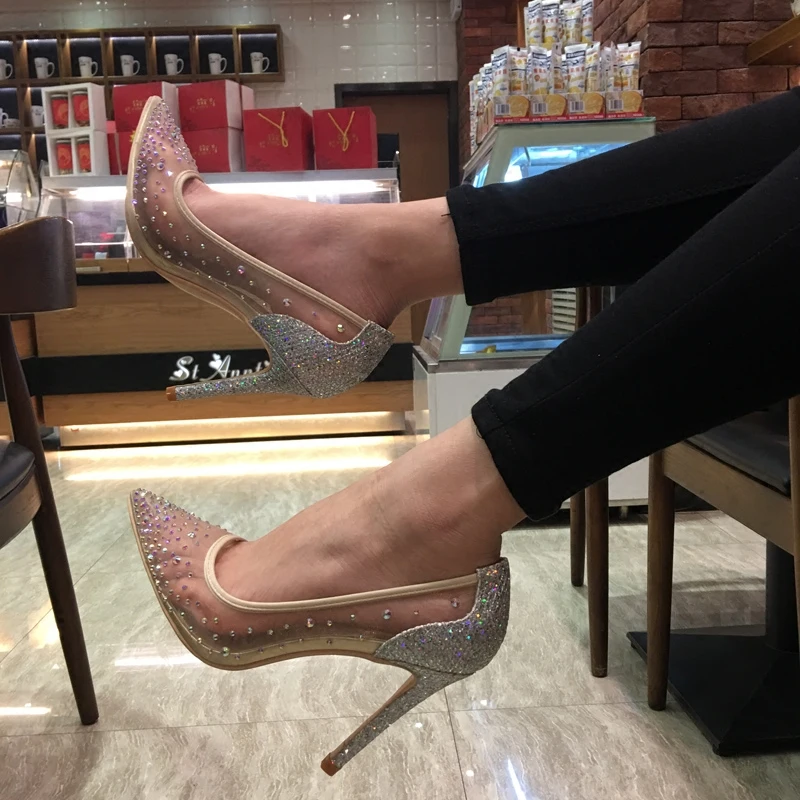 

2019 Fashion free shipping mesh black nude Crystal Poined Toe Stiletto Heel high heel shoe pump HIGH-HEELED SHOES dress shoes