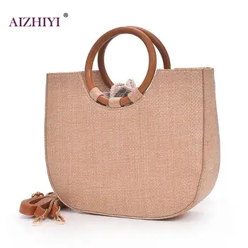 

Women Straw Shoulder Bag Fashion Round Wooden Handle Handbag Brand Designer Summer Beach Travel Bags Tote Handbag Casual 2018